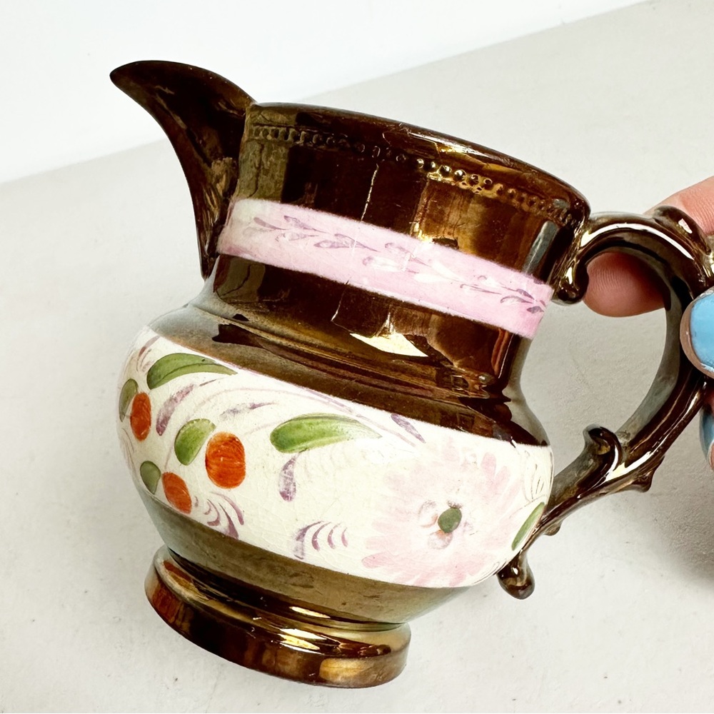 Vintage copper luster Lusterware creamer pitcher hand painted 3.5” English